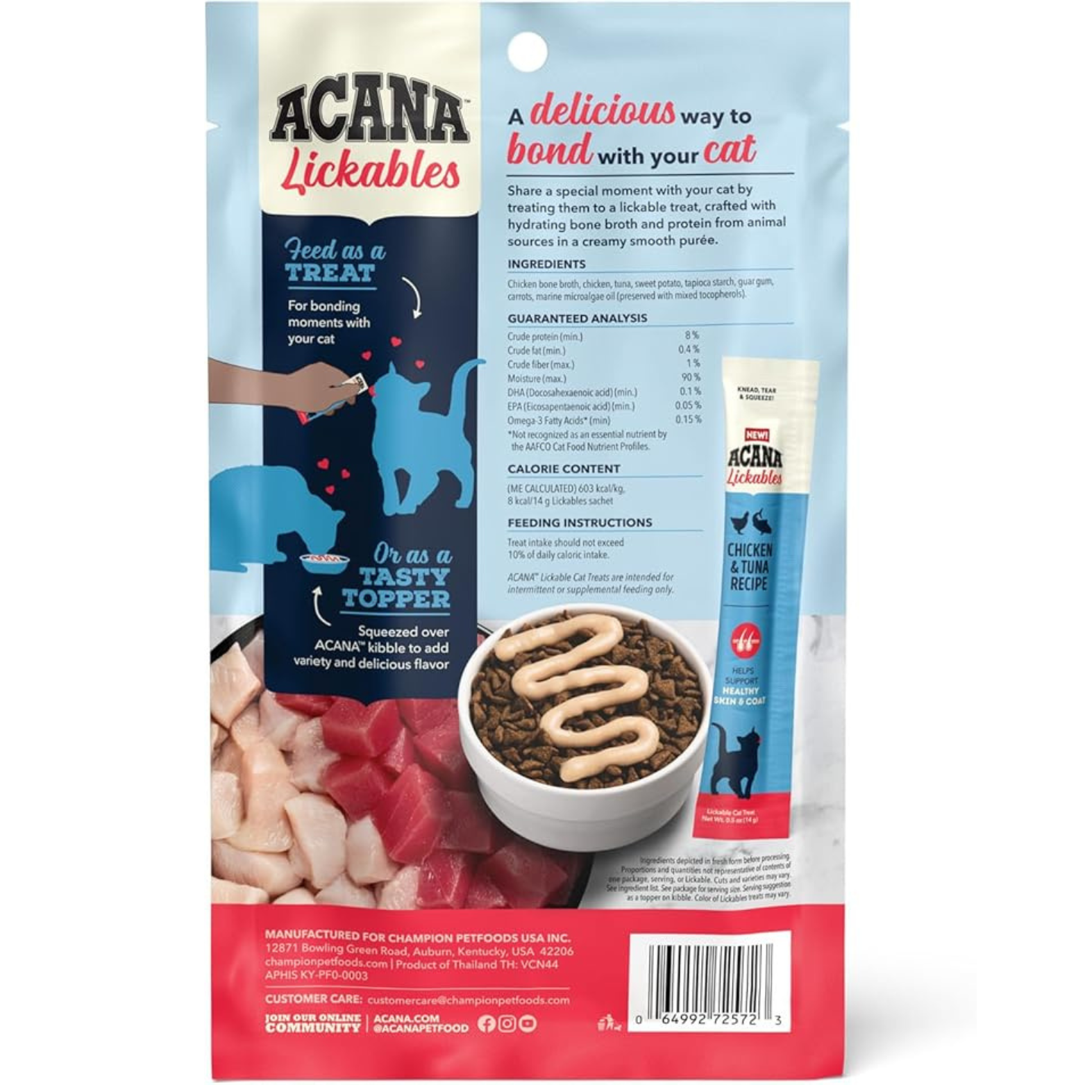 Acana Lickables Skin & Coat Chicken & Tuna Recipe Cat Treats, 2.5 oz, 5 count