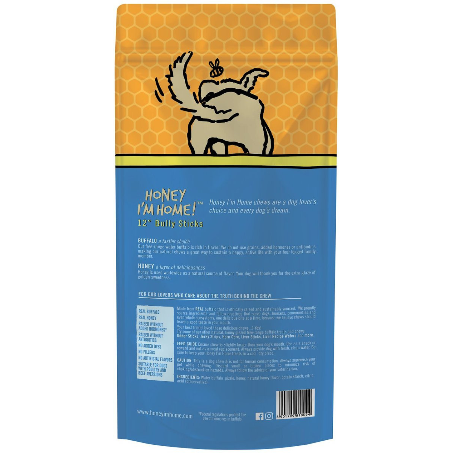 Honey I'm Home 12" Bully Sticks Natural Honey Coated Buffalo Chews Grain-Free Dog Treats 5 pk