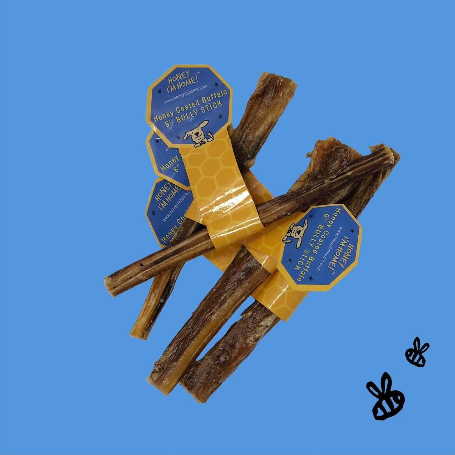 Honey I'm Home 6" Bully Sticks Natural Honey Coated Buffalo Chews Grain-Free Dog Treats Bulk