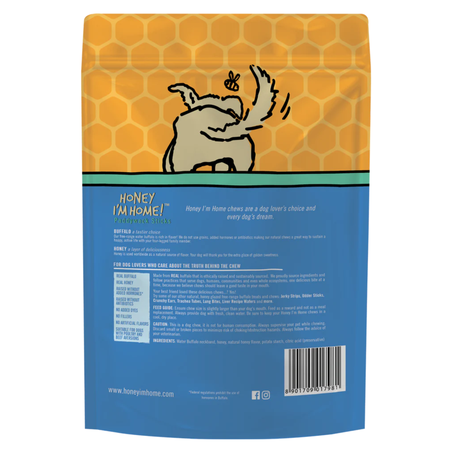 Honey I'm Home 6" Paddywack Sticks Natural Honey Coated Buffalo Chews Grain-Free Dog Treats 5 pk