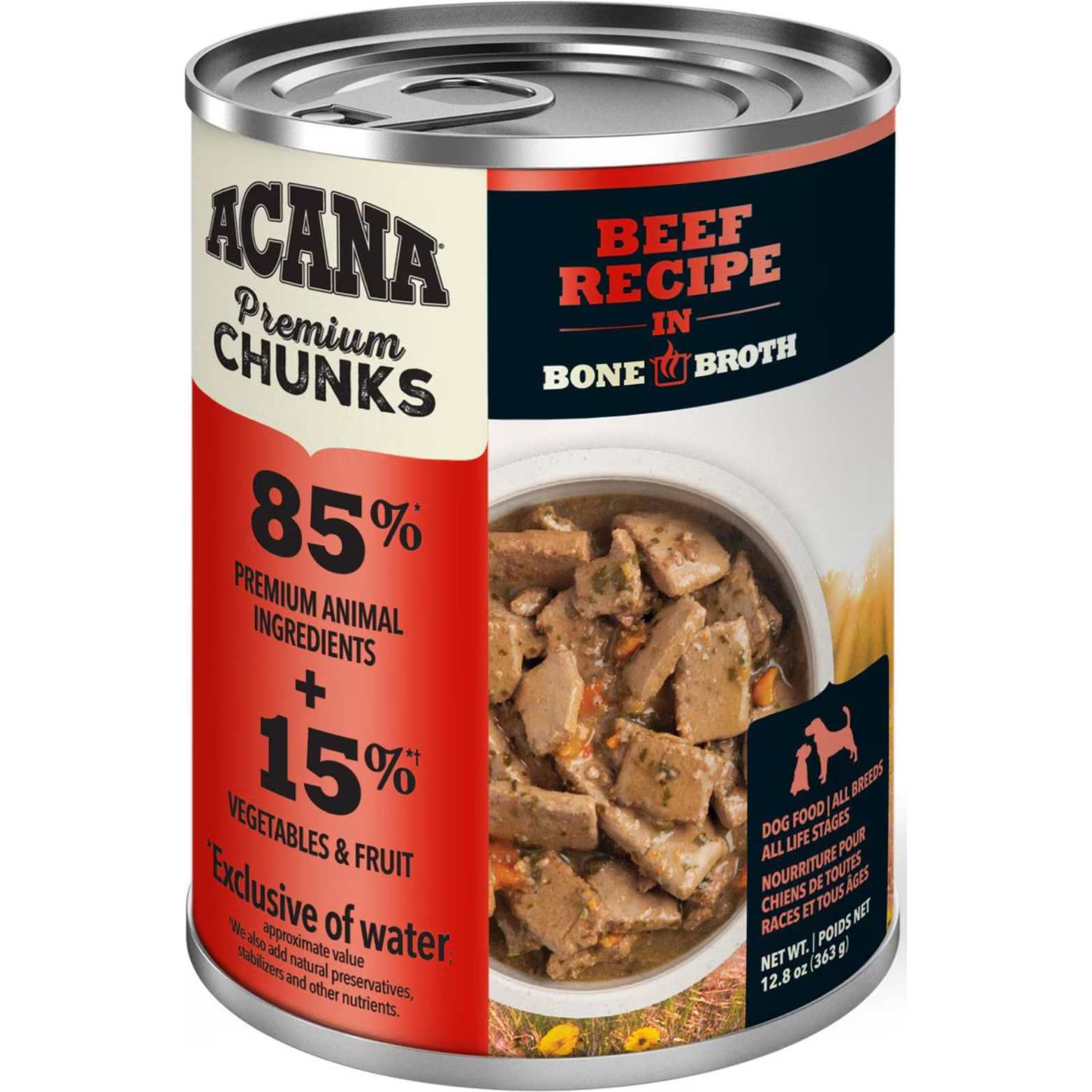 Acana Premium Chunks Beef Recipe in Bone Broth Canned Dog Food, 12.8-oz