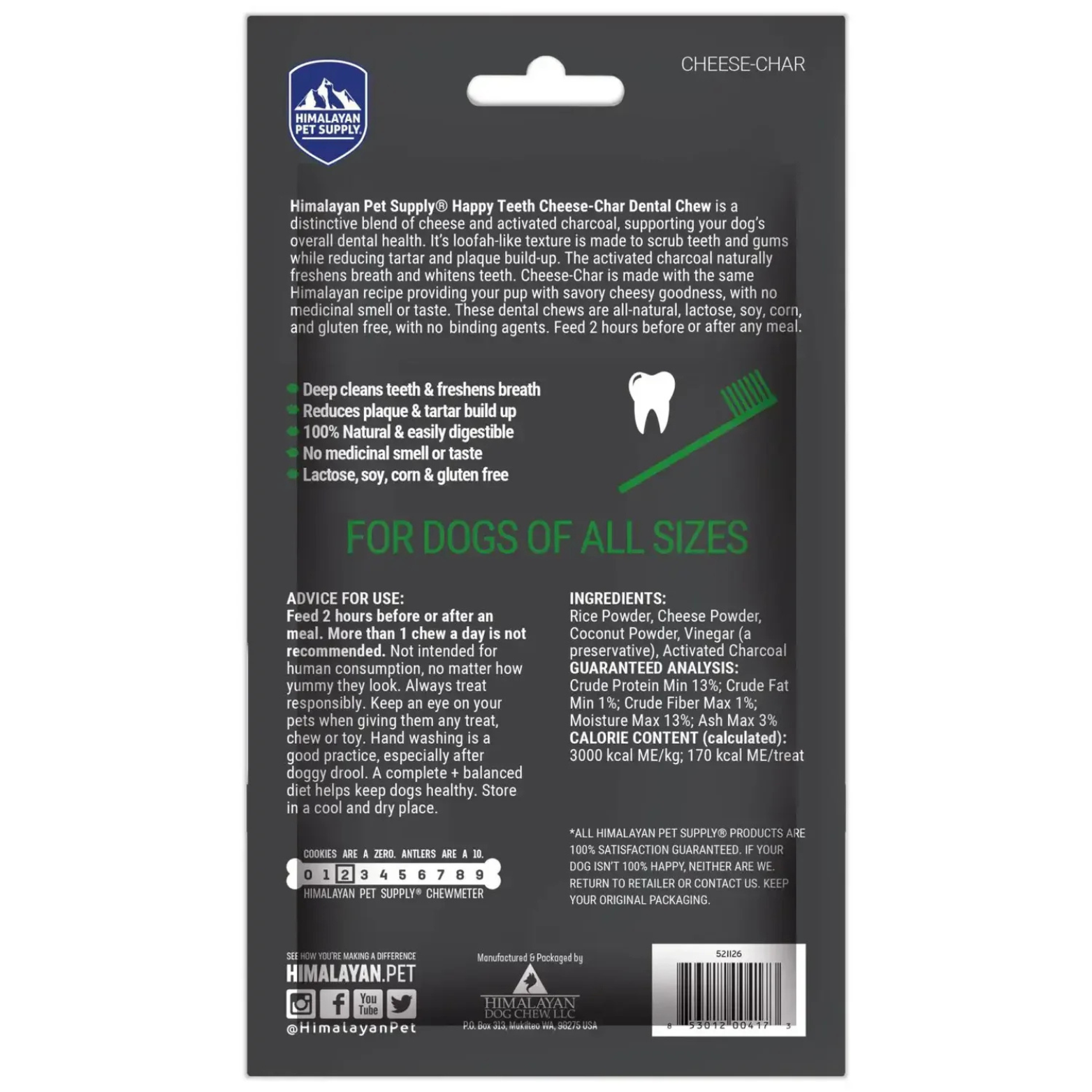 Himalayan Happy Teeth Cheese-Char Dental Chew Dog Treat, 4-oz