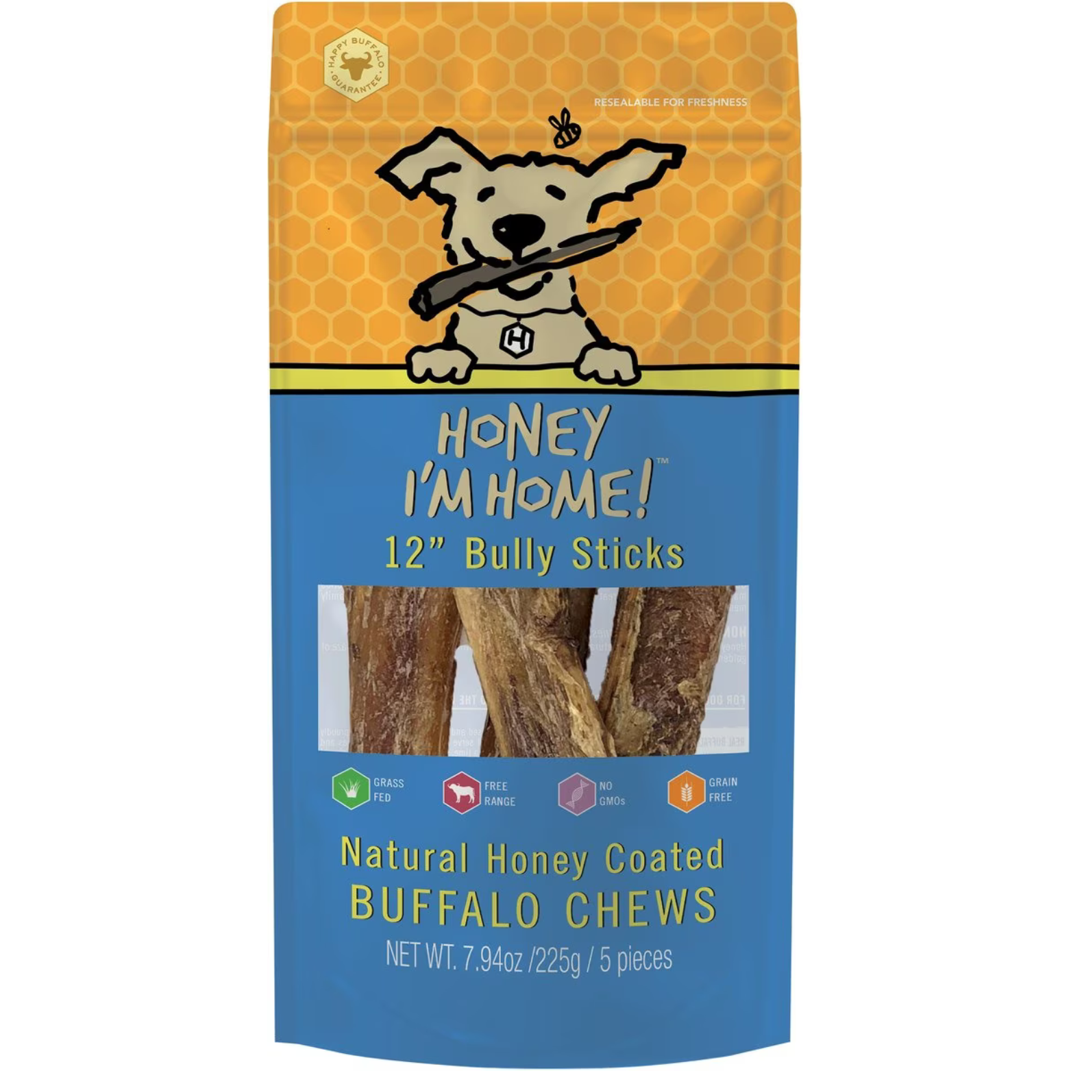 Honey I'm Home 12" Bully Sticks Natural Honey Coated Buffalo Chews Grain-Free Dog Treats 5 pk