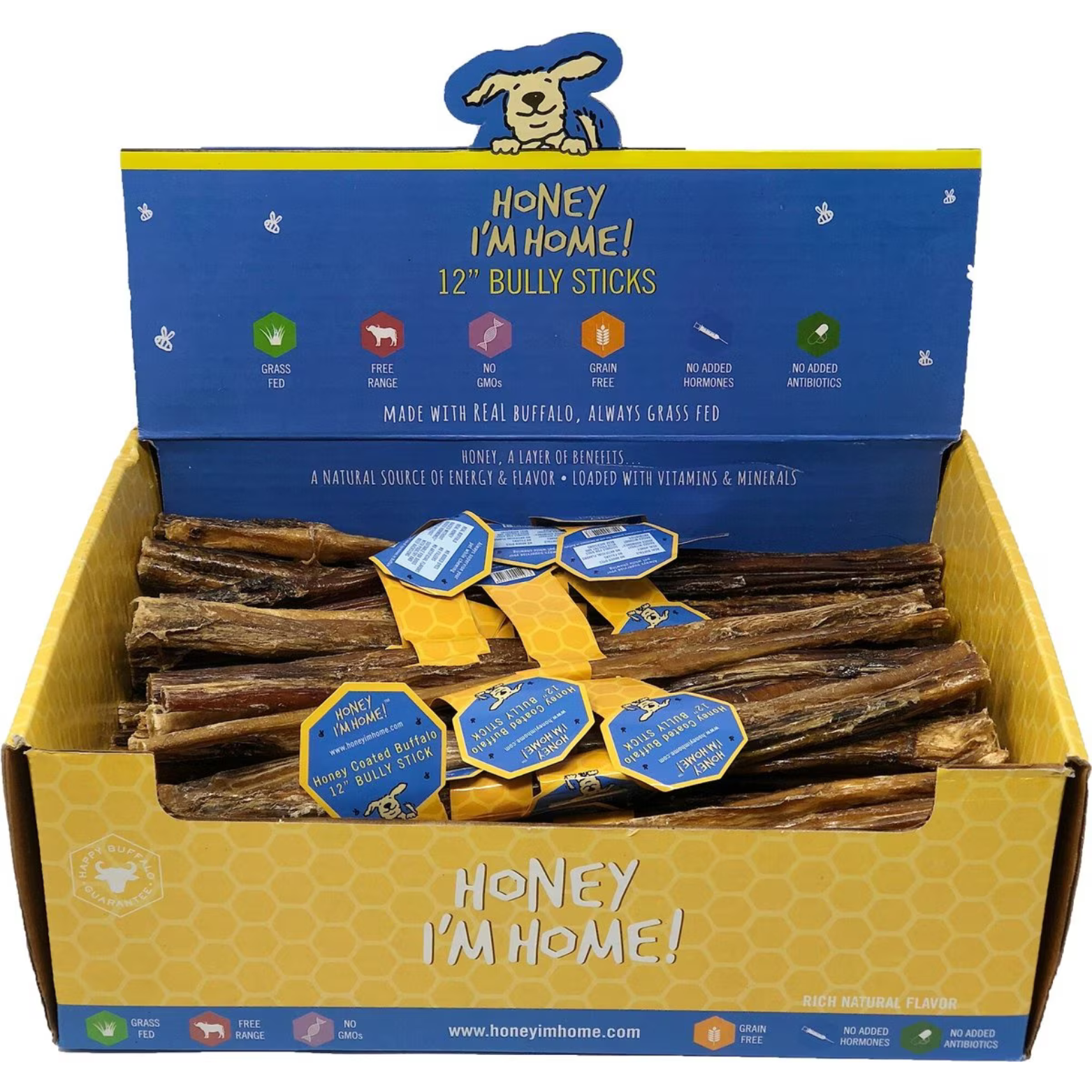 Honey I'm Home 12" Bully Sticks Natural Honey Coated Buffalo Chews Grain-Free Dog Treats Bulk