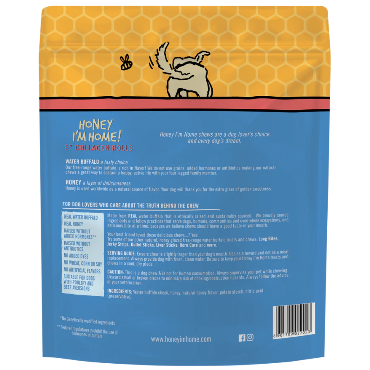 Honey I'm Home 6" Buffalo Collagen Rolls Natural Honey Coated Chews Grain-Free Dog Treats 3 pk