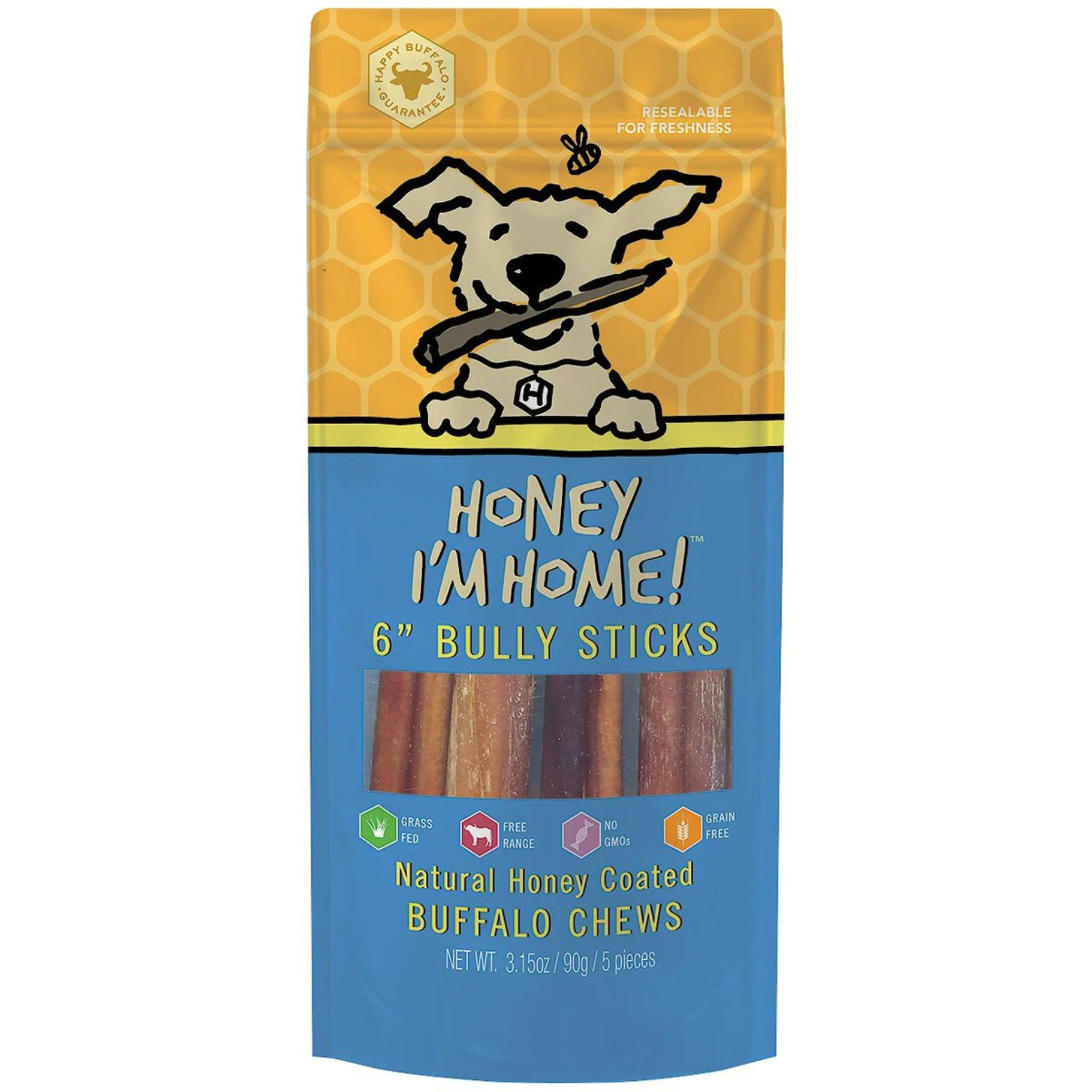 Honey I'm Home 6" Bully Sticks Natural Honey Coated Buffalo Chews Grain-Free Dog Treats 5 pk