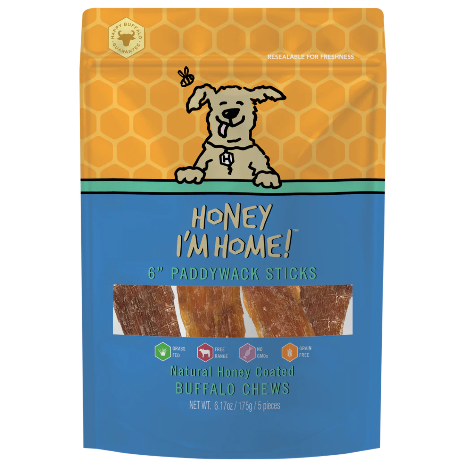 Honey I'm Home 6" Paddywack Sticks Natural Honey Coated Buffalo Chews Grain-Free Dog Treats 5 pk