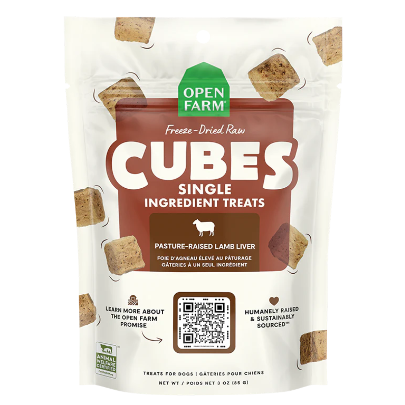 Open Farm Cubes Freeze Dried Raw Single Ingredient Lamb Liver Dog Treats 3-oz