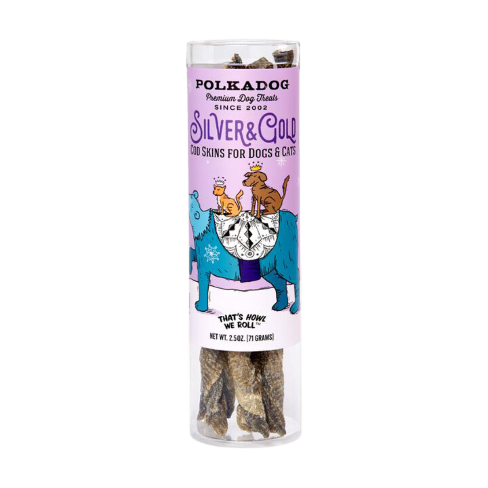 Polka Dog Holiday Silver and Gold Cod Skins Stocking Stuffer Tube Dog Treats 2.5 oz