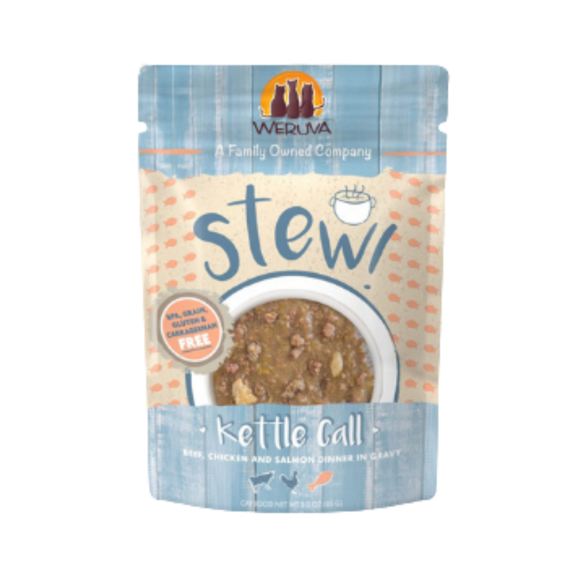 Weruva Stew! Kettle Call Beef, Chicken & Salmon Dinner in Gravy Wet Cat Food Pouches 3oz - Mutts & Co.